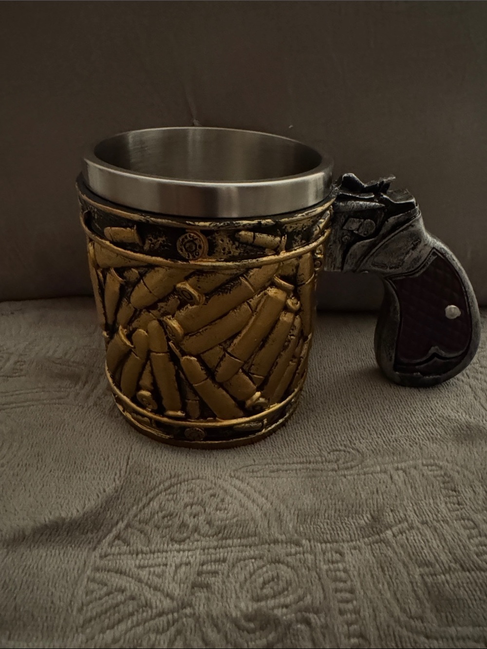 Novelty Bullet-Decor Stainless Steel Mug with Revolver Handle - Gold and Silver